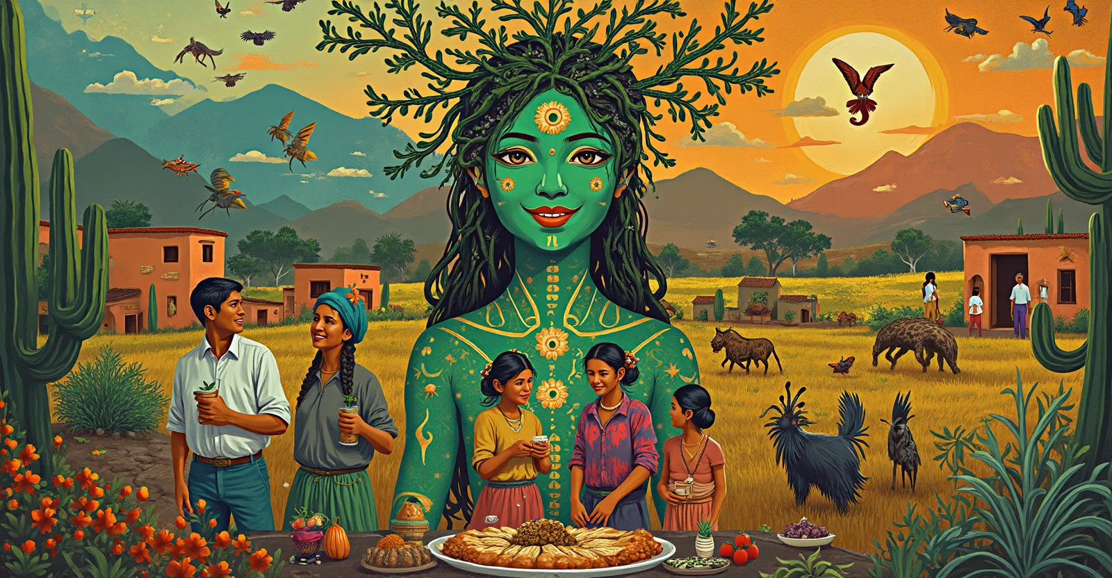 Idyllic farm village with presiding Earth goddess