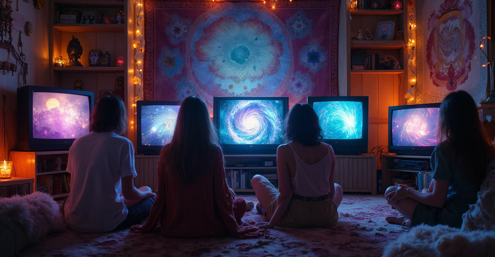 Children in living room transfixed by TV's