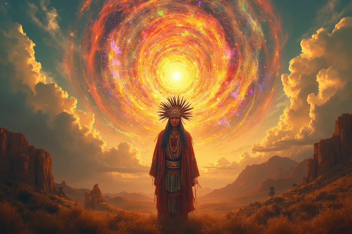 Shaman in head dress facing sun